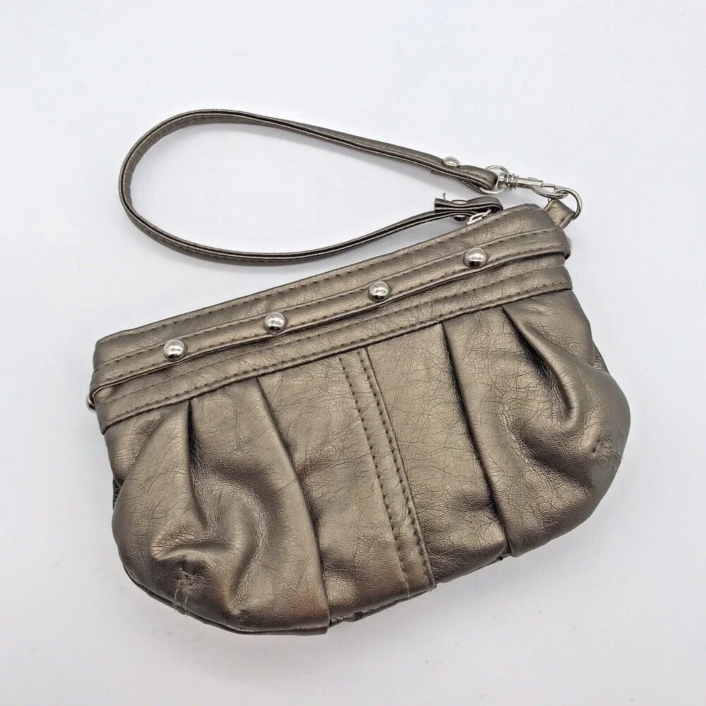 Gold Faux Leather Wristlet Purse Zip Closure Studs Lined Evening Bag Clutch